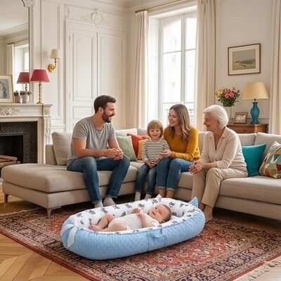 Famille échangeant moments agréables pendant que bébé est couché dans nid d'ange bébé cocon relaxant