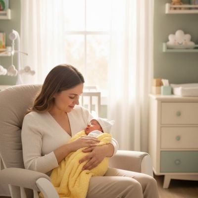 Femme assise dans un fauteuil tient contre elle un bébé enveloppé dans couverture bébé nature douce jaune texturée dans chambre enfant lumineuse avec commode arrière plan