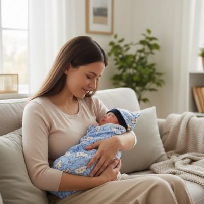 Femme berce avec tendresse bébé emmailloté dans variante bleue couverture emmaillotage Dodo Confort