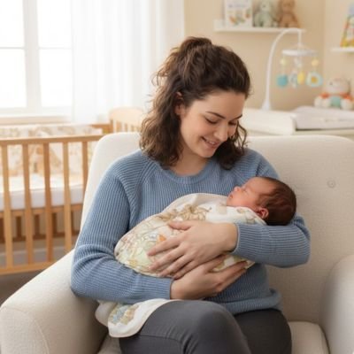 Femme berce bébé emmailloté dans couverture bébé Douceur Sécurisante blanche motifs lapins avec lit bébé visible en arrière plan flou