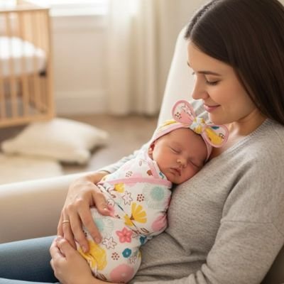 Femme berce tendrement dans bras bébé emmailloté dans couverture emmaillotage Doux Rêves blanche à motifs fleurs avec arrière plan doux et flou