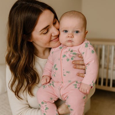 Femme aux cheveux bruns sourit tenant contre elle bébé portant Pyjama bébé ultra-doux Coton Bio rose motifs roses vertes et roses