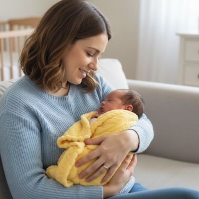 Femme cheveux mi longs sourit tenant dans bras nouveau-né enveloppé dans couverture bébé nature douce jaune texturée assise sur canapé gris