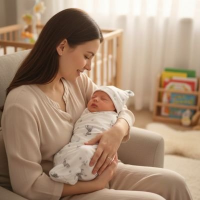 Femme porte bébé enveloppé dans couverture emmaillotage Dodo Confort blanche devant arrière-plan lumineux et neutre