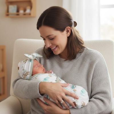 Femme porte bébé enveloppé dans couverture emmaillotage Doux Rêves blanche motifs fleurs colorées, devant mur clair agrémenté décoration murale en bois