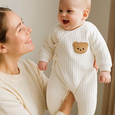Femme souriante en pull blanc regarde bébé qu'elle porte vêtu Pyjama bébé Biodou Crème côtelé avec écusson tête ours