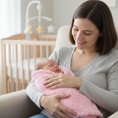 Femme souriante tient nouveau né endormi confortablement emmailloté dans couverture bébé nature douce rose texturée