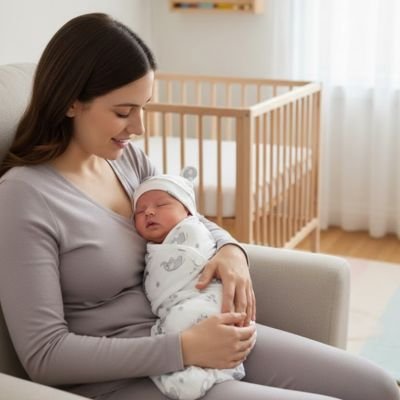 Femme tient contre elle bébé emmailloté dans couverture emmaillotage Dodo Confort blanche avec lit bébé visible en arrière plan flou