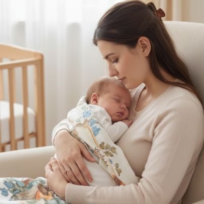 Femme tient contre épaule bébé enveloppé dans couverture bébé Douceur Sécurisante motifs lapins illustrant maintien nourrisson dans cadre intérieur