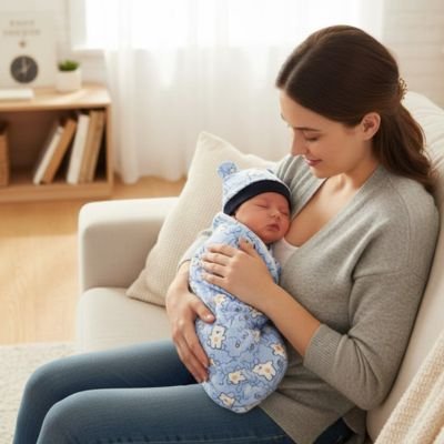 Femme tient dans ses bras bébé emmailloté dans couverture emmaillotage Dodo Confort bleue dans chambre enfant décor épuré