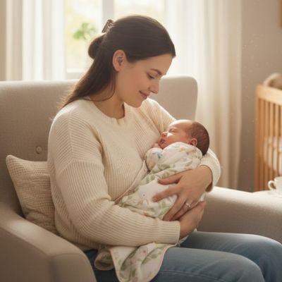 Femme tient dans ses bras bébé enveloppé dans couverture bébé Douceur Sécurisante blanche motifs oies dans chambre enfant lumineuse 