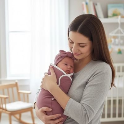 Femme tient tendrement bébé  emmailloté dans couverture emmaillotage Doux Rêves rose à capuche dans chambre enfant lumineuse et épurée aux tons neutres