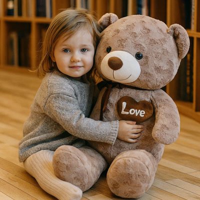 Fillette assise profitant doux confort ours en  peluche Douceur câline