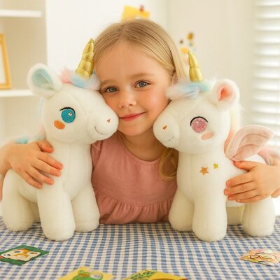 Fillette comblée avec deux peluches licorne Enchantées rose et bleu