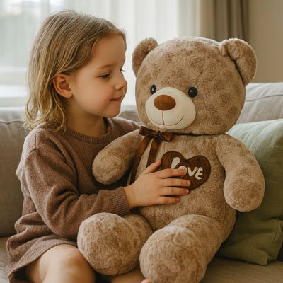 Fillette en parfaite complicité avec ours en peluche Douceur câline