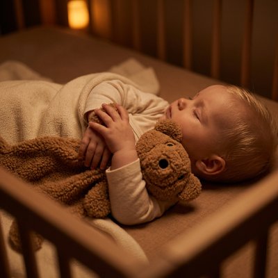 Fillette endormi sur lit dans chambre à éclairage tamisé avec doudou nuit sereine dans bras