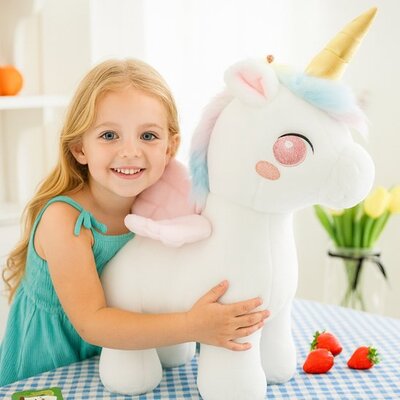 Fillette heureuse et rassurée par peluche licorne enchantée rose