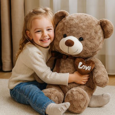 Fillette heureuse et souriante avec son ours en peluche Douceur câline