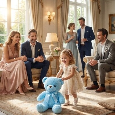 Fillette jouant avec ours en peluche Câlin artisanal pendant que parents sereins accueillent invités