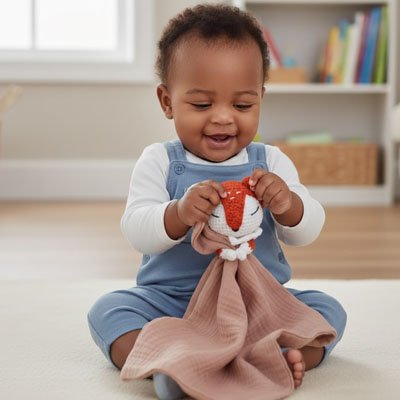 Fillette vêtu de bleu assise et souriante avec son Doudou Renard Coton Bio apaisant rose