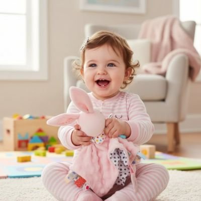 Fillette vêtu de rose assise et très heureuse avec Doudou bébé Ultra-Doux Apaisant lapin fauteuil beige en arrière plan