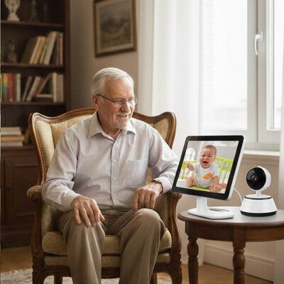 Grand-père heureux de partager surveillance bébé grâce moniteur caméra surveillance bébé full hd nocturne