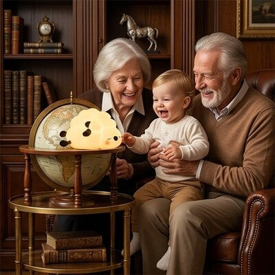 Grands parents heureux communiant avec bébé souriant autour de veilleuse bébé compagnon apaisant