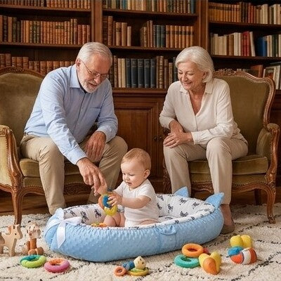 Grands parents observant bébé assis dans nid d'ange bébé cocon relaxant et jouant avec jouets multicolores