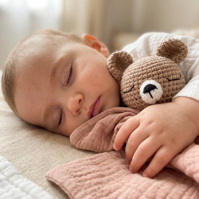 Gros plan bébé endormi avec doudou bébé tendresse plus couleur brique dans bras