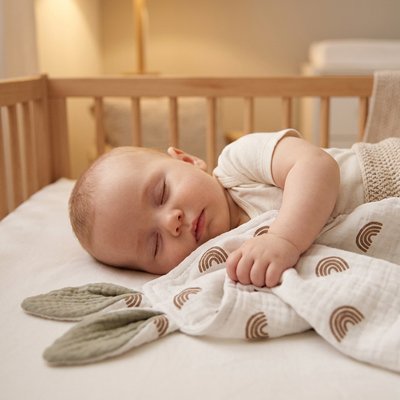 Gros plan bébé sereinement endormi avec doudou premier câlin beige dans bras