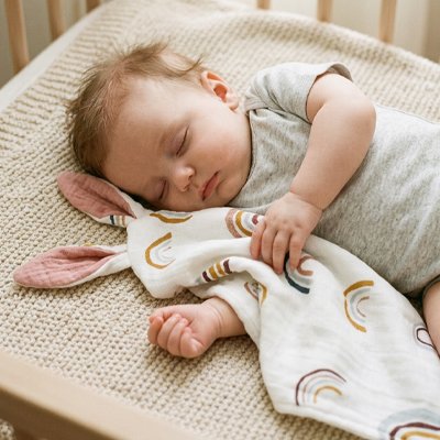 Gros plan bébé sereinement endormi avec doudou premier câlin blanc dans bras