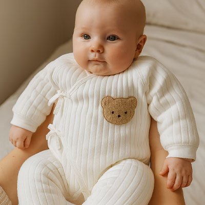 Gros plan bébé vêtu Pyjama bébé Biodou crème côtelé orné écusson ours brun porté par adulte dont seuls bras visibles