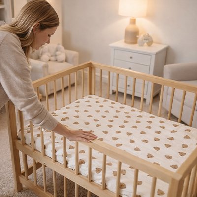 Gros plan mère après dressage lit bébé avec drap housse lit bébé confort sécurisé