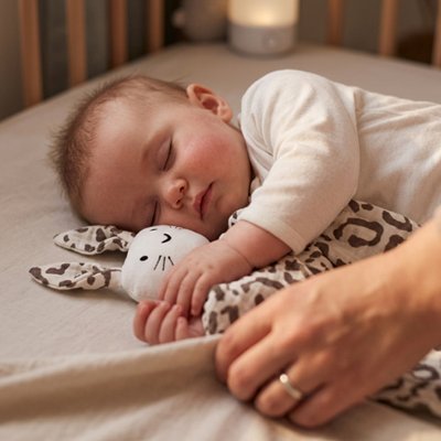 Gros plan mère couchant bébé endormi avec doudou bébé compagnon doux léopard dans bras