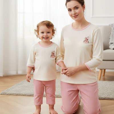 Gros plan sur mère à genoux et fillette debout à ses côtés toutes deux vêtues pyjama bébé Douceur Bio