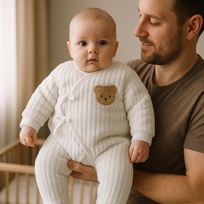 Homme en t-shirt marron tient contre lui bébé habillé Pyjama bébé Biodou crème côtelé avec écusson ours sur côté gauche