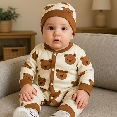  Jeune enfant assis sur lit portant Pyjama bébé garçon à motifs oursons beige en coton doux