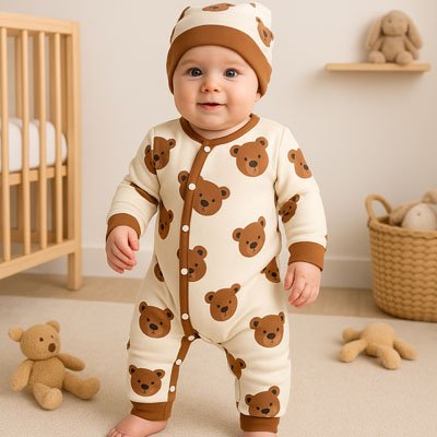 Jeune enfant debout et heureux portant Pyjama bébé garçon a motifs oursons beige en coton doux