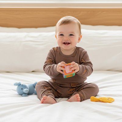 Jeune enfant souriant assis sur lit portant Pyjama bébé Douceur Ultra terracotta motifs ours