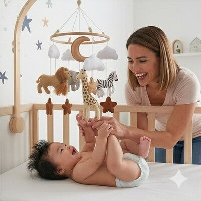 Maman aide son bébé très expressif et rieur à interagir avec la girafe du mobile bébé Atmosphère Relaxante, dans un décor moderne