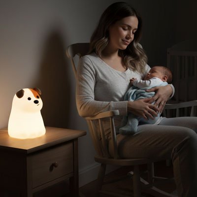 Maman assise dans fauteuil et berçant bébé sous éclairage veilleuse bébé lumière douce
