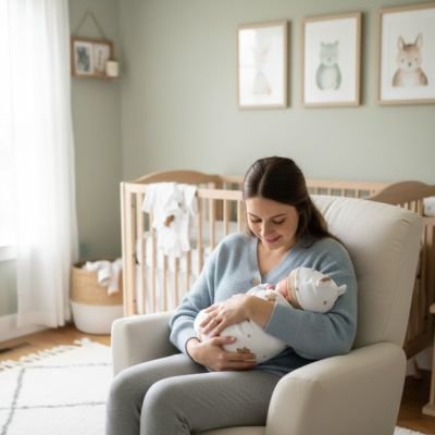 Maman assise dans fauteuil tenant dans ses bras et câlinant bébé emmailloté dans la couverture emmaillotage douce sécurisante  motif cœur