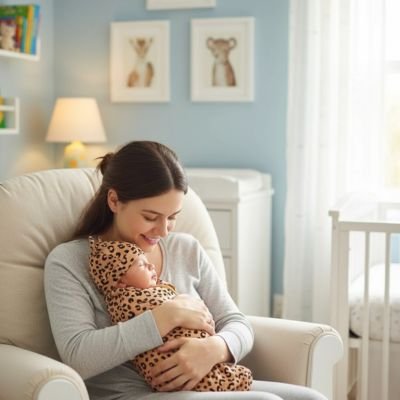 Maman assise dans un fauteuil tenant dans bras et câlinant bébé emmailloté dans couverture emmaillotage douce sécurisante motif léopard