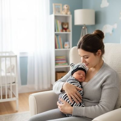 Maman assise dans un fauteuil tenant dans ses bras et câlinant bébé emmailloté dans la couverture emmaillotage douce sécurisante motif zèbre