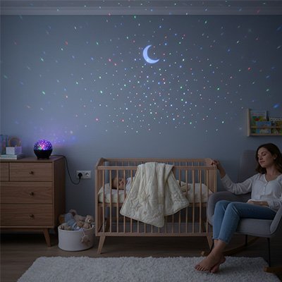 Maman assise fauteuil près bébé couché dans berceau dans chambre éclairée par veilleuse projection féérique