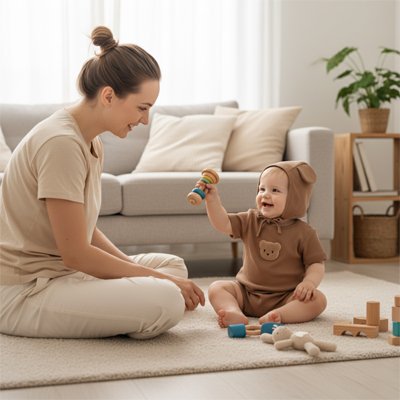 Maman assise observant bébé vêtu pyjama bébé garçon Bio Doux assis jouant avec jouets
