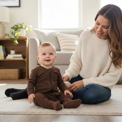 Maman assise au sol observant son fil vêtu du pyjama bébé garçon Coton Douillet marron assis et joyeux