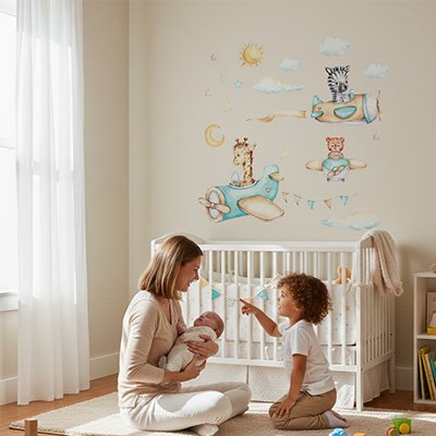 Maman assise tenant bébé et communiant avec son fils dans chambre décorée par stickers muraux enfant animaux aventuriers