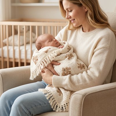 Maman assise tenant dans ses bras et berçant bébé emmailloté dans couverture bébé douce et confortable