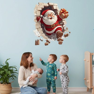 Maman avec bébé dans ses bras assise et deux enfants jumeaux debout et communiant dans chambre ornée par stickers muraux enfant esprit noël